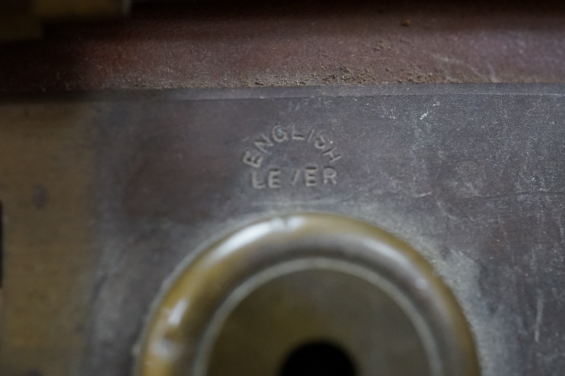 A Harrods brown leather gun/ammunition case, the lid with five leather restraining straps inside, and a good Harrods Ltd. Gun and Rifle Dept. label to the inside of the lid, dimensions; 40cm wide, 29cm high, 12.5cm deep